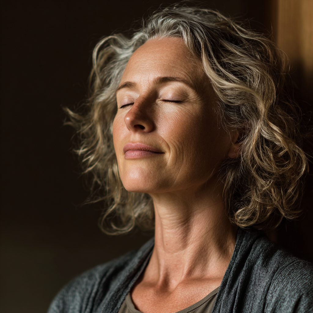 Peaceful middle-aged Ukrainian woman practicing yoga-nidra meditation in a serene indoor setting with soft natural lighting