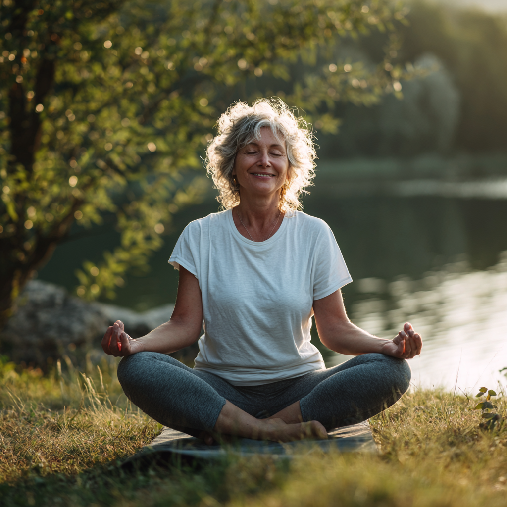 Serene Ukrainian elderly man in comfortable meditation position during yoga-nidra practice in a peaceful room with soft ambient lighting