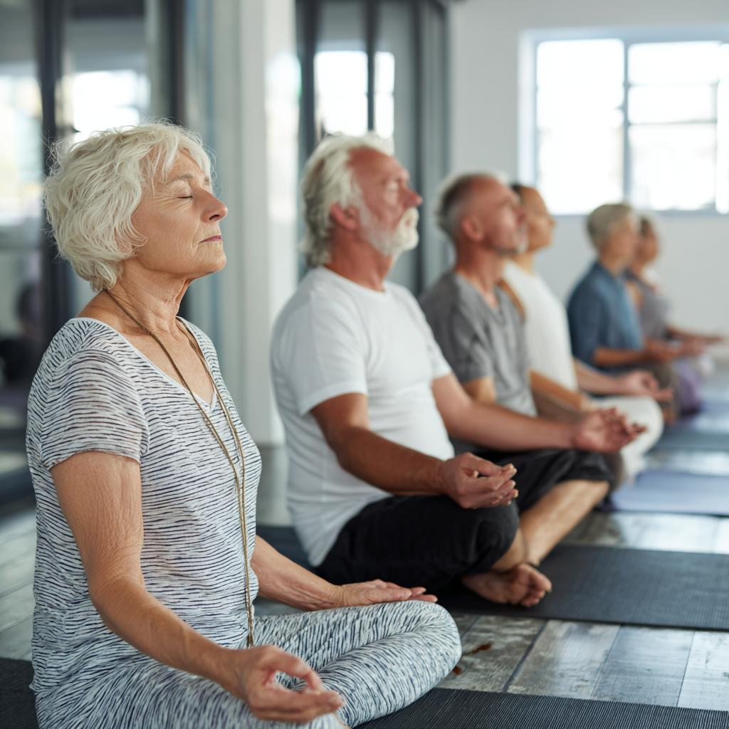 Group of diverse Ukrainian adults of different ages peacefully practicing yoga-nidra meditation together in a warm, welcoming studio environment